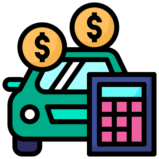 Car rental service icon featuring a car, calculator, and dollar signs, representing cost management and efficiency for businesses.

