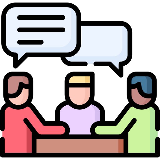 Three people engaged in a discussion around a table with speech bubbles, representing effective communication and collaboration for businesses using AI receptionists.
