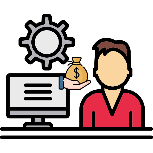 AI-driven cost savings and efficiency, person receiving money from computer, symbolizing reduced admin costs and improved customer service.
