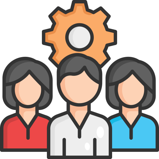 Three stylized figures representing a team, with a gear icon above, symbolizing focus on core tasks and efficiency in business operations.
