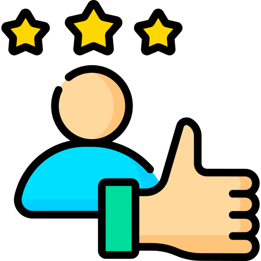 Icon representing customer satisfaction with a thumbs-up gesture and three stars, symbolizing improved customer experience through AI solutions.

