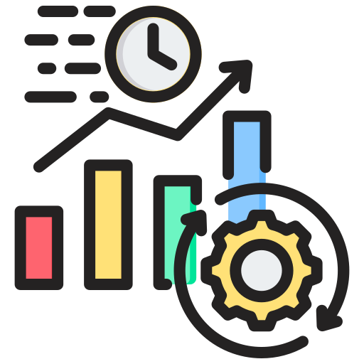 Graph illustrating improved response time and efficiency with AI, featuring a clock, upward trend lines, and a gear symbolizing automation and operational effectiveness.
