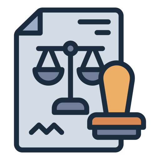 Legal document with scales of justice and a stamp, representing AI receptionist services for legal offices and enhancing customer experience.
