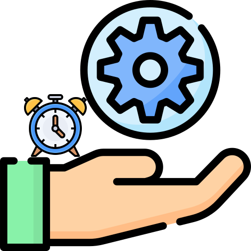 Hand holding a clock and gear icon representing efficient service and time management, relevant to AI receptionist solutions for improved customer experience and operational efficiency.
