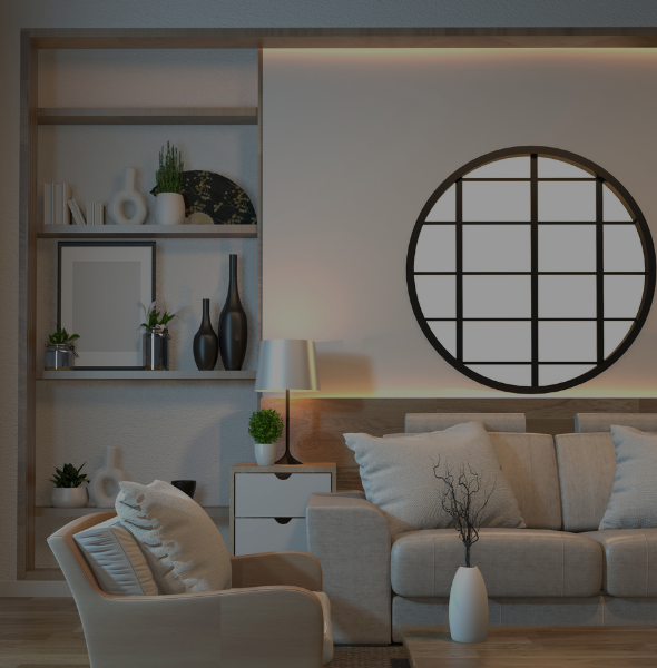 Interior design living space featuring a modern sofa, decorative shelves with plants and vases, a round window, and a lamp, highlighting aesthetics for client consultations.
