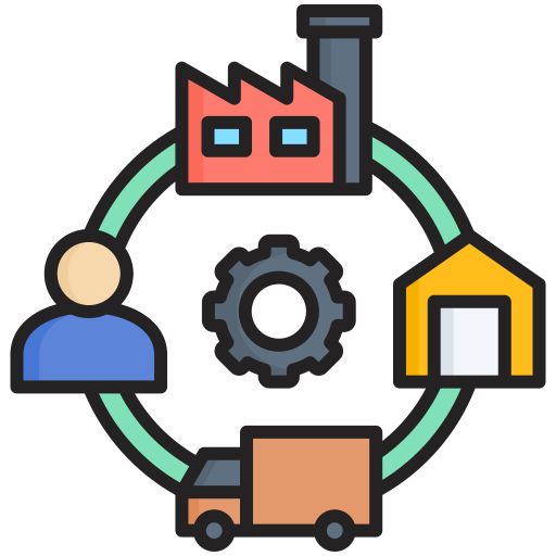 AI receptionist service for logistics companies, featuring a circular flow of a person, factory, gear, house, and delivery truck, representing automated operations and customer engagement in rental inquiries and bookings.