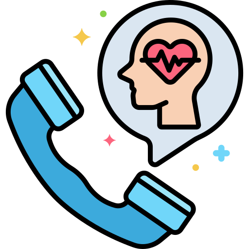 AI receptionist icon featuring a phone and a human silhouette with a heart and pulse symbol, representing mental health helpline services.