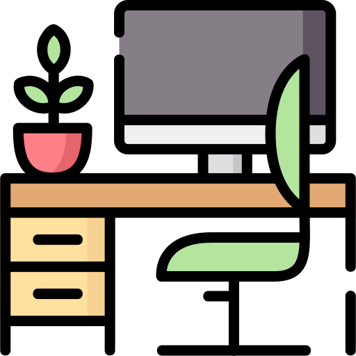 AI receptionist at a modern office desk with a computer, plant, and modular furniture, illustrating automation solutions for rental inquiries and bookings.