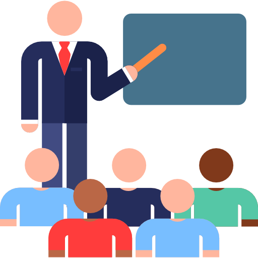 AI receptionist assisting in teacher training school, instructor presenting to diverse group of students in classroom setting, educational environment.
