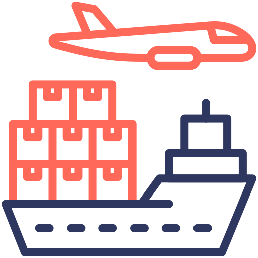 AI reception illustration for freight forwarding, featuring an airplane above a cargo ship with stacked boxes, symbolizing logistics and transportation services.