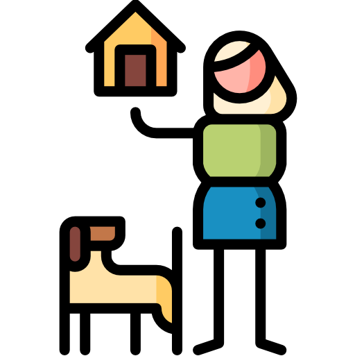 AI receptionist for Women’s Shelter featuring a woman holding a house icon with a dog beside her, symbolizing support and community assistance.