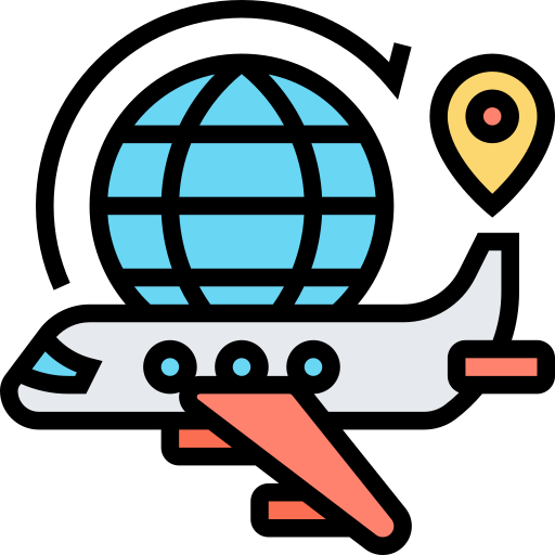 AI receptionist graphic featuring an airplane, globe, and location pin, symbolizing travel and customer service automation for airlines.