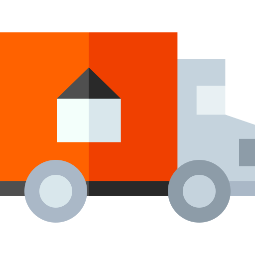 AI receptionist service for moving companies, illustrated by an orange moving truck with a house icon, representing automated rental inquiries and bookings.
