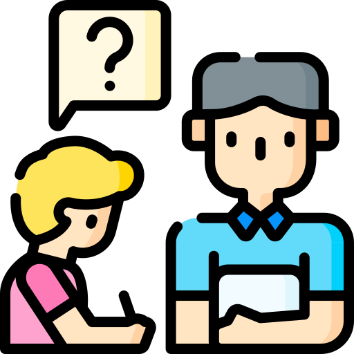 AI receptionist assisting customer inquiries for rental services, featuring a person in a blue shirt and a question mark speech bubble.