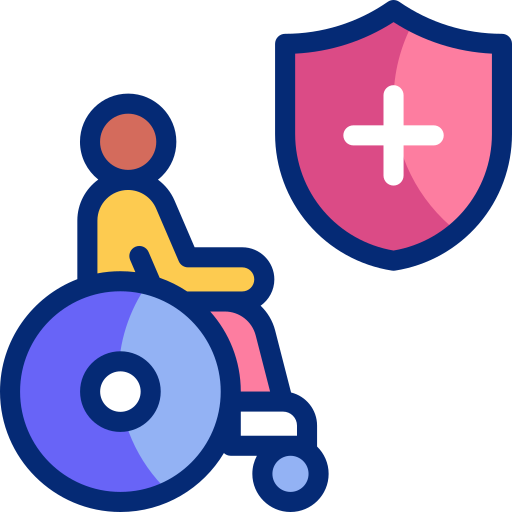 AI receptionist icon representing accessibility in healthcare, featuring a person in a wheelchair alongside a medical shield symbol, emphasizing support for urgent care clinic services.