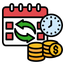 CRM calendar sync icon with arrows indicating integration, clock symbol for scheduling, and coins representing pricing, relevant to Intellivizz AI Receptionist service for beverage catering companies.
