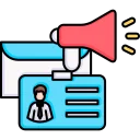 Icon of a megaphone and ID card representing automated customer service and lead capture for tanning salons.
