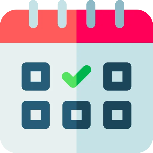 Instant appointment booking calendar icon for bicycle repair services, featuring checkmark and date boxes, symbolizing 24/7 scheduling and service intake.